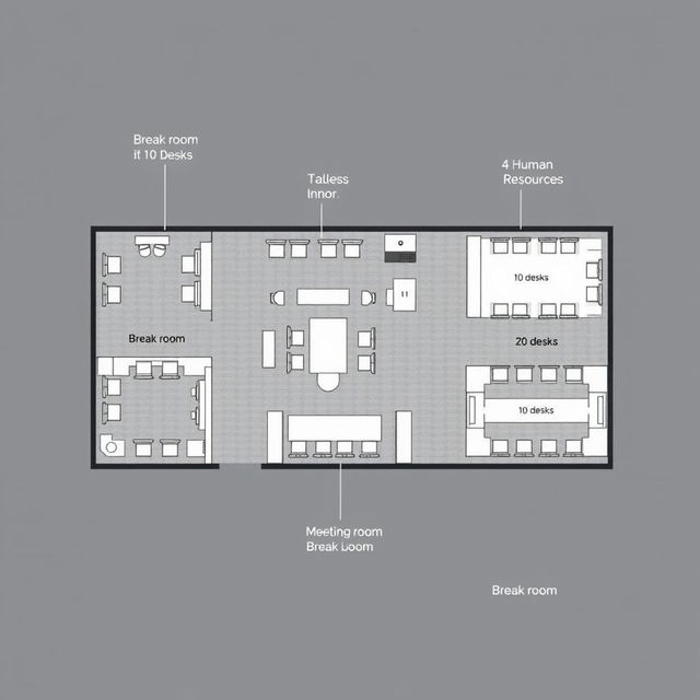 A detailed schematic representation of a corporate office layout that includes multiple functional spaces: an administrative office with 10 desks, a break room featuring 10 desks, a sales department consisting of 5 desks, a human resources department with 5 desks, a large meeting room that can accommodate 20 desks, and an additional break room with 10 desks