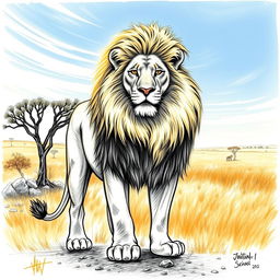 A detailed sketch of a majestic lion standing proudly in a golden savannah