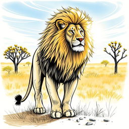 A detailed sketch of a majestic lion standing proudly in a golden savannah