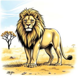 A detailed sketch of a majestic lion standing proudly in a golden savannah