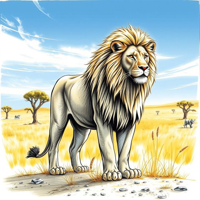 A detailed sketch of a majestic lion standing proudly in a golden savannah