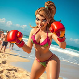 A dynamic and intense scene featuring Heather from Total Drama, wearing a stylish bikini, engaged in a beach boxing match