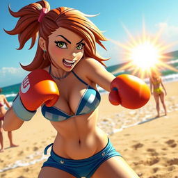 A dynamic and intense scene featuring Heather from Total Drama, wearing a stylish bikini, engaged in a beach boxing match