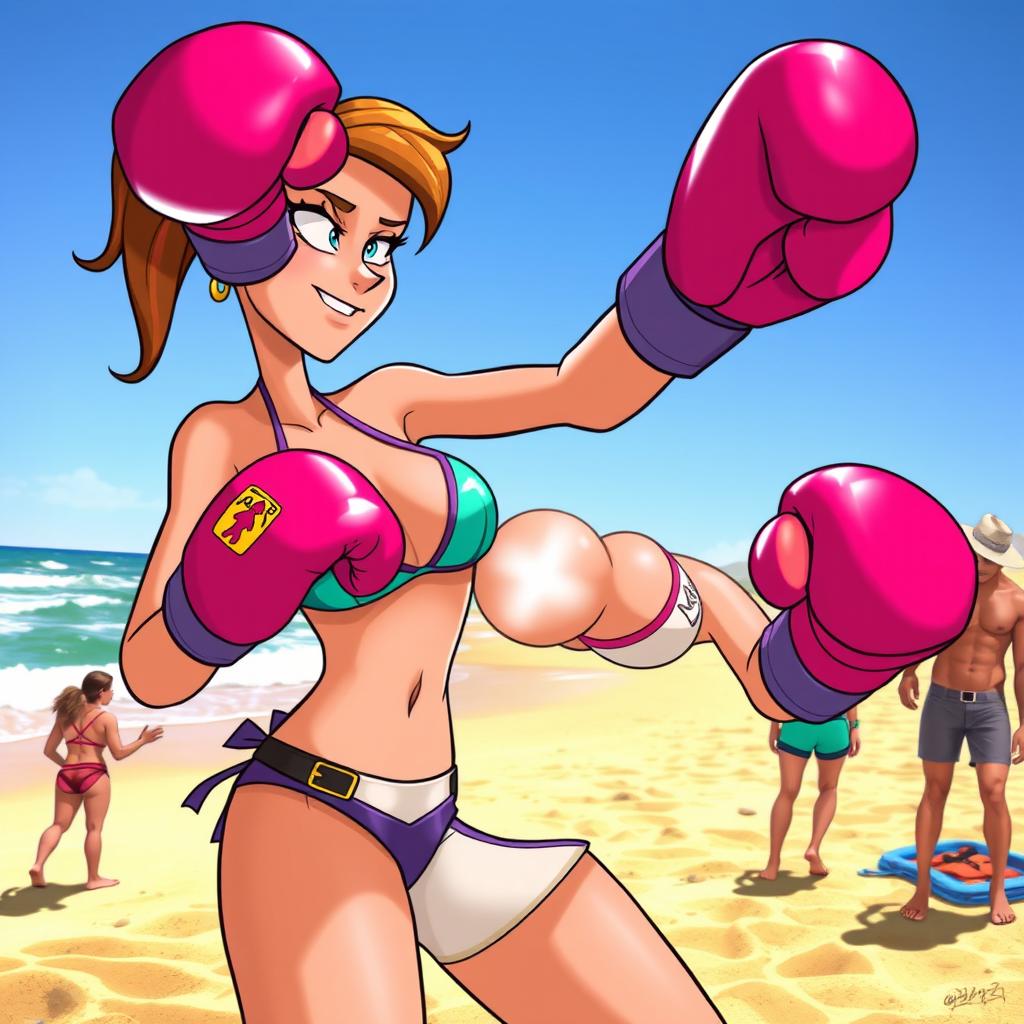 A dynamic and intense scene featuring Heather from Total Drama, wearing a stylish bikini, engaged in a beach boxing match