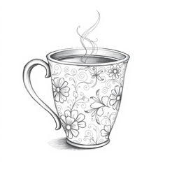 A beautifully designed coffee cup sketch featuring intricate patterns and textures