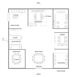 A detailed office layout plan illustrating a cohesive corporate environment that includes: an administrative office with 10 desks, a break room containing 10 desks, a sales department featuring 5 desks, a human resources department with 5 desks, a large meeting room set up for 20 desks, and an additional break room equipped with 10 desks