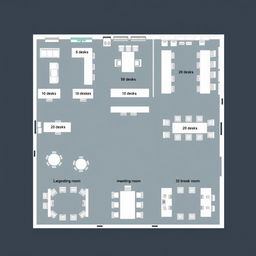 A detailed office layout plan illustrating a cohesive corporate environment that includes: an administrative office with 10 desks, a break room containing 10 desks, a sales department featuring 5 desks, a human resources department with 5 desks, a large meeting room set up for 20 desks, and an additional break room equipped with 10 desks