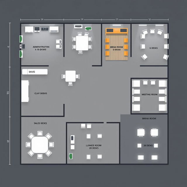 A detailed office layout plan illustrating a cohesive corporate environment that includes: an administrative office with 10 desks, a break room containing 10 desks, a sales department featuring 5 desks, a human resources department with 5 desks, a large meeting room set up for 20 desks, and an additional break room equipped with 10 desks