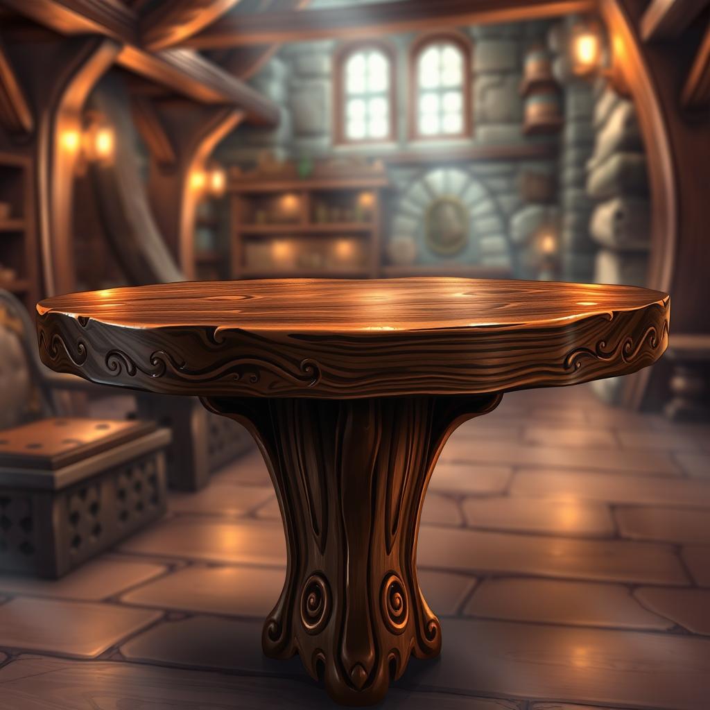 A clear dark wood fantasy tavern table, crafted from rich, deep-toned wood that showcases a glossy surface and intricate carvings along the edges