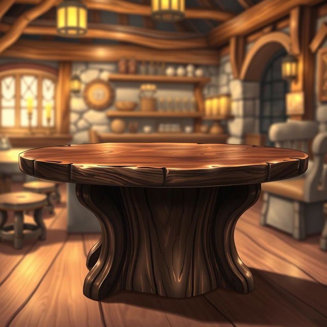 A clear dark wood fantasy tavern table, crafted from rich, deep-toned wood that showcases a glossy surface and intricate carvings along the edges