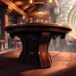 A clear dark wood fantasy tavern table, crafted from rich, deep-toned wood that showcases a glossy surface and intricate carvings along the edges