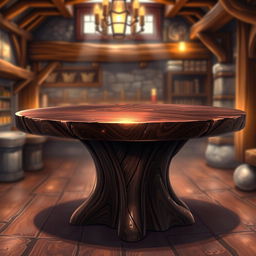 A clear dark wood fantasy tavern table, crafted from rich, deep-toned wood that showcases a glossy surface and intricate carvings along the edges