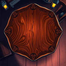 A clear dark wood fantasy tavern table depicted from an above view, showcasing the intricate details of the wood's rich, deep tones and polished sheen