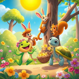 A joyful scene in a magical forest where three friends are working together harmoniously under the bright sun