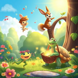A joyful scene in a magical forest where three friends are working together harmoniously under the bright sun