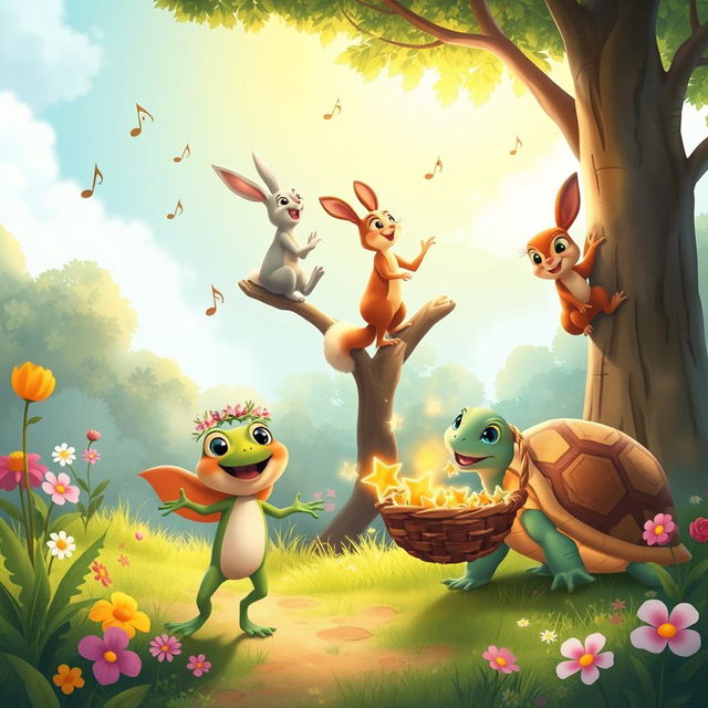 A joyful scene in a magical forest where three friends are working together harmoniously under the bright sun