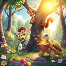 A joyful scene in a magical forest where three friends are working together harmoniously under the bright sun