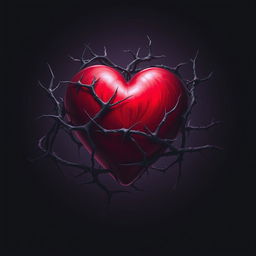 A heart entangled in thorns and shadows, symbolizing intense pain and internal struggle