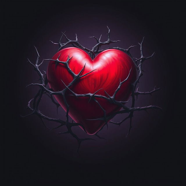 A heart entangled in thorns and shadows, symbolizing intense pain and internal struggle