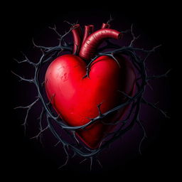 A heart entangled in thorns and shadows, symbolizing intense pain and internal struggle
