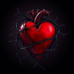 A heart entangled in thorns and shadows, symbolizing intense pain and internal struggle