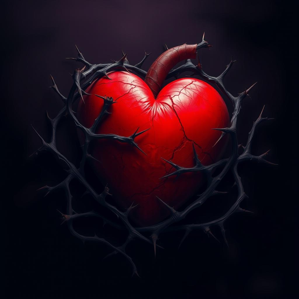 A heart entangled in thorns and shadows, symbolizing intense pain and internal struggle