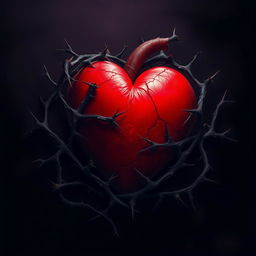 A heart entangled in thorns and shadows, symbolizing intense pain and internal struggle