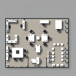An intricate corporate office layout that incorporates the following areas: an administrative office equipped with 10 desks, a break room with 10 desks, a sales department containing 5 desks, a human resources department with 5 desks, a spacious meeting room arranged for 20 desks, and an additional break room with 10 desks