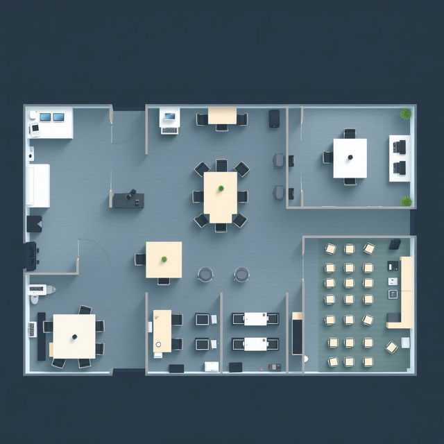 An intricate corporate office layout that incorporates the following areas: an administrative office equipped with 10 desks, a break room with 10 desks, a sales department containing 5 desks, a human resources department with 5 desks, a spacious meeting room arranged for 20 desks, and an additional break room with 10 desks