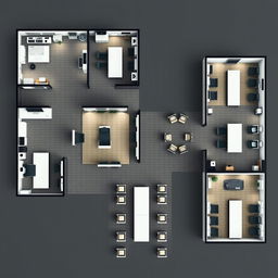 An intricate corporate office layout that incorporates the following areas: an administrative office equipped with 10 desks, a break room with 10 desks, a sales department containing 5 desks, a human resources department with 5 desks, a spacious meeting room arranged for 20 desks, and an additional break room with 10 desks