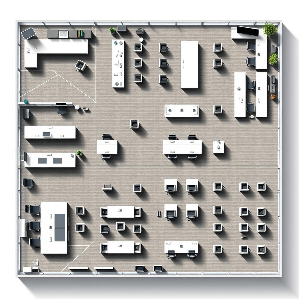 An intricate corporate office layout that incorporates the following areas: an administrative office equipped with 10 desks, a break room with 10 desks, a sales department containing 5 desks, a human resources department with 5 desks, a spacious meeting room arranged for 20 desks, and an additional break room with 10 desks