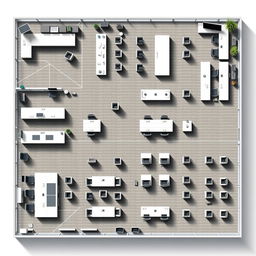 An intricate corporate office layout that incorporates the following areas: an administrative office equipped with 10 desks, a break room with 10 desks, a sales department containing 5 desks, a human resources department with 5 desks, a spacious meeting room arranged for 20 desks, and an additional break room with 10 desks