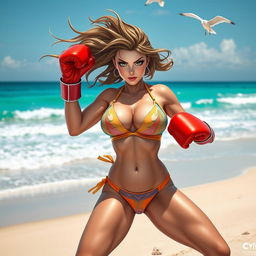A strong and confident female character inspired by Marvel's Titania, wearing a stylish and colorful bikini suitable for the beach