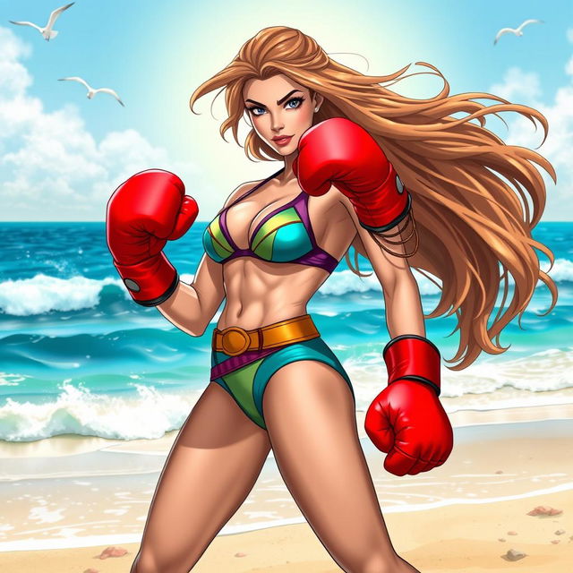 A strong and confident female character inspired by Marvel's Titania, wearing a stylish and colorful bikini suitable for the beach