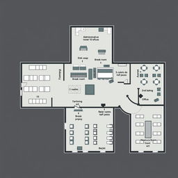 A detailed architectural floor plan of an office layout showcasing various departments and workspaces