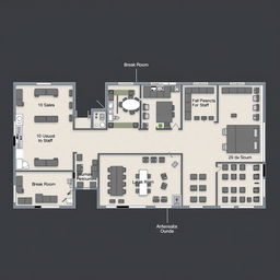 A detailed architectural floor plan of an office layout showcasing various departments and workspaces