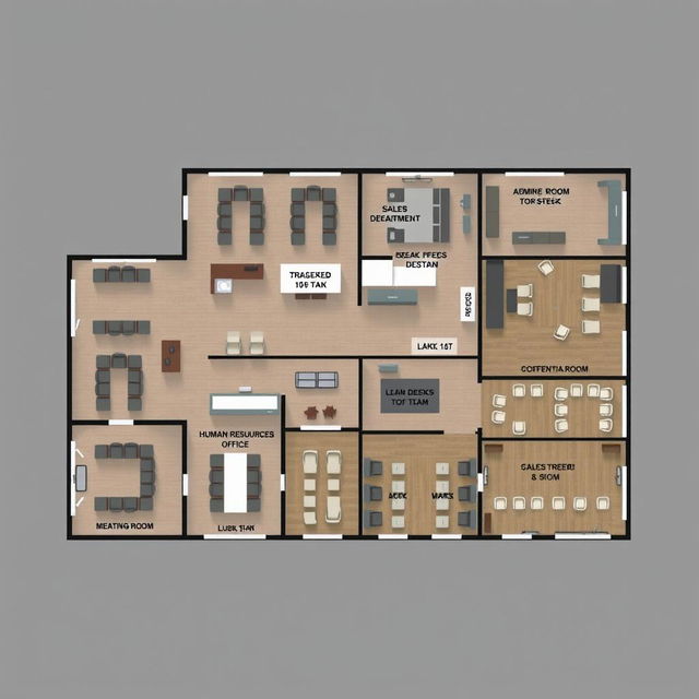 A detailed architectural floor plan of an office layout showcasing various departments and workspaces