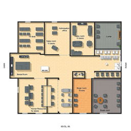 A detailed architectural floor plan of an office layout showcasing various departments and workspaces