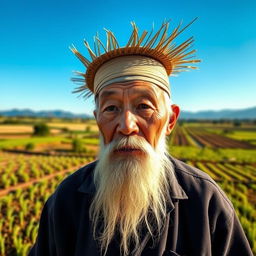 A middle-aged Chinese farmer with a long white beard, wearing a traditional straw hat, gazing thoughtfully into the distance