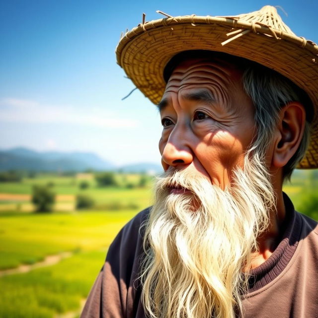 A middle-aged Chinese farmer with a long white beard, wearing a traditional straw hat, gazing thoughtfully into the distance