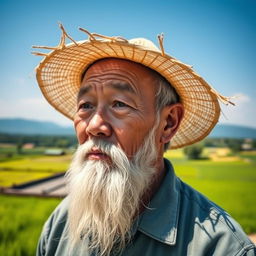 A middle-aged Chinese farmer with a long white beard, wearing a traditional straw hat, gazing thoughtfully into the distance