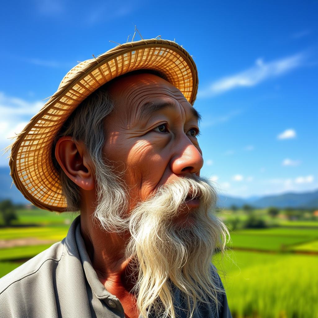 A middle-aged Chinese farmer with a long white beard, wearing a traditional straw hat, gazing thoughtfully into the distance