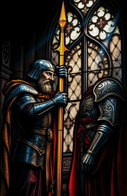A beautifully intricate dark stained glass painting depicting two figures in a tense moment