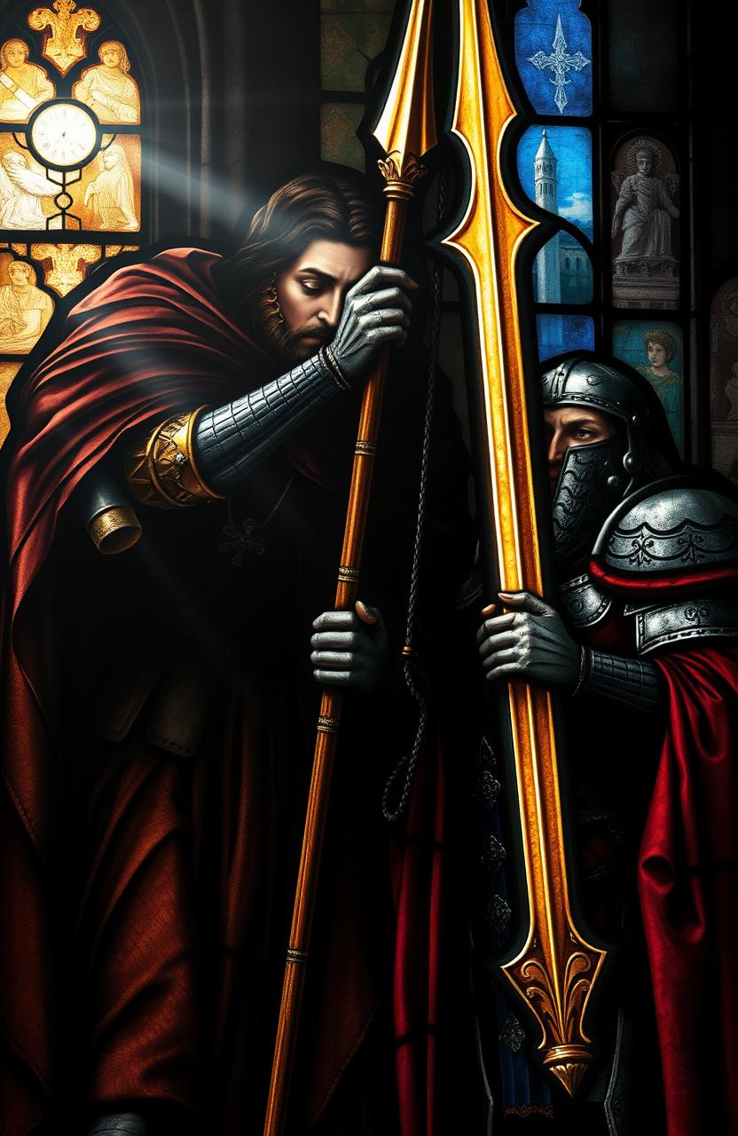 A beautifully intricate dark stained glass painting depicting two figures in a tense moment