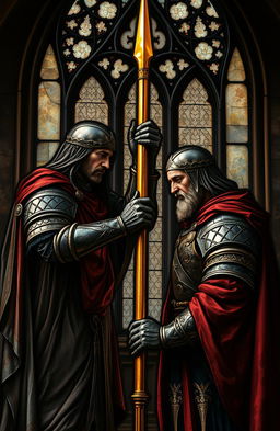 A beautifully intricate dark stained glass painting depicting two figures in a tense moment