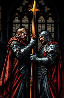 A beautifully intricate dark stained glass painting depicting two figures in a tense moment
