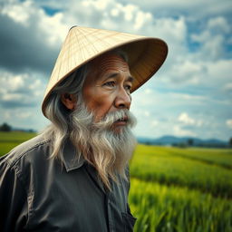 A middle-aged Vietnamese farmer with a long white beard, wearing a traditional conical hat, gazing thoughtfully into the distance