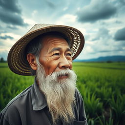A middle-aged Vietnamese farmer with a long white beard, wearing a traditional conical hat, gazing thoughtfully into the distance