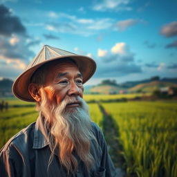 A middle-aged Vietnamese farmer with a long white beard, wearing a traditional conical hat, gazing thoughtfully into the distance