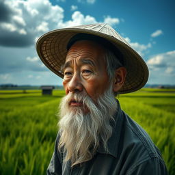 A middle-aged Vietnamese farmer with a long white beard, wearing a traditional conical hat, gazing thoughtfully into the distance